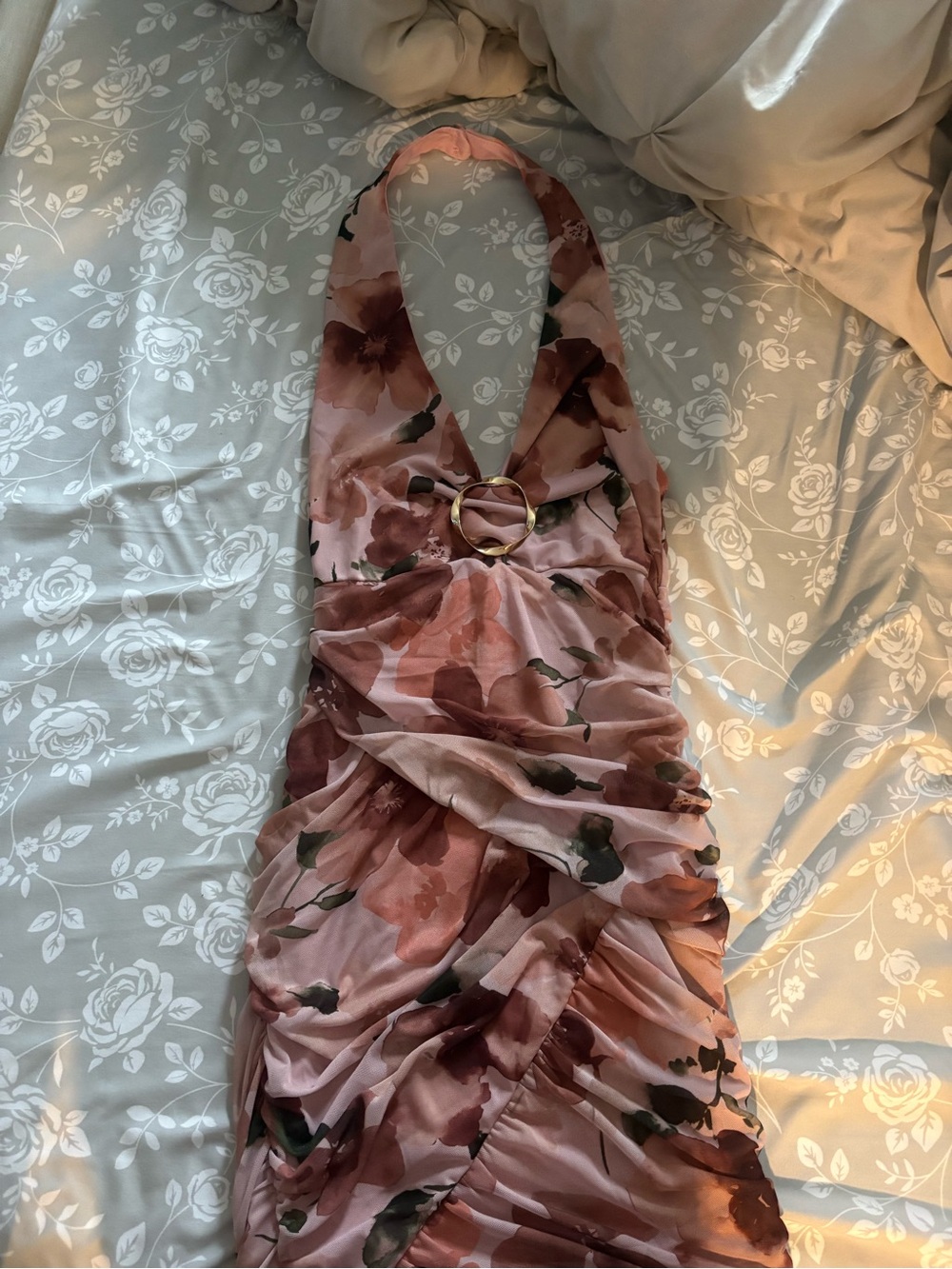 Sleeveless Pink Floral Halter Midi Dress with Ring Detail